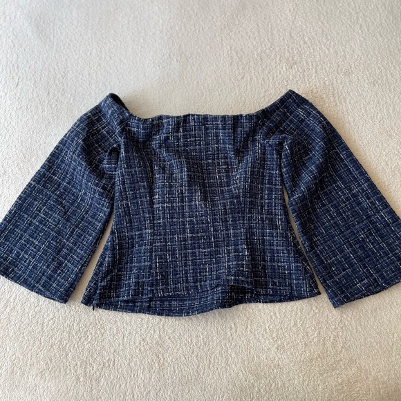 NWT Zara Navy Blue Tweed Off-Shoulder Flare Sleeve Top XS - Picture 10 of 14